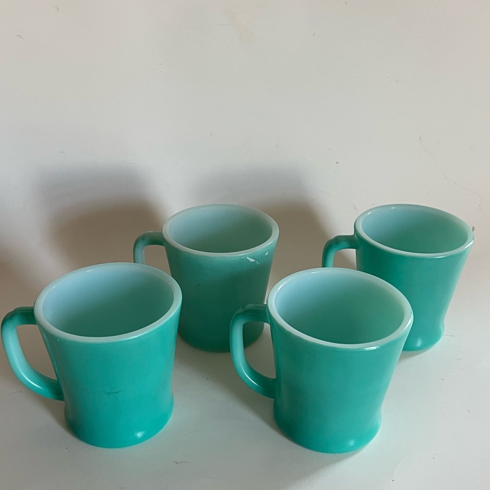 Fire-King Vintage Teal White Milk Glass Interior Set of 4 D Handle